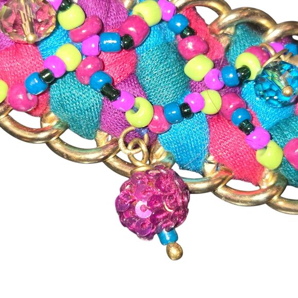 Chico's Multicolored Beaded Braided Fabric & Gold Tone Chain Belt OS/48" Long - Picture 4 of 12